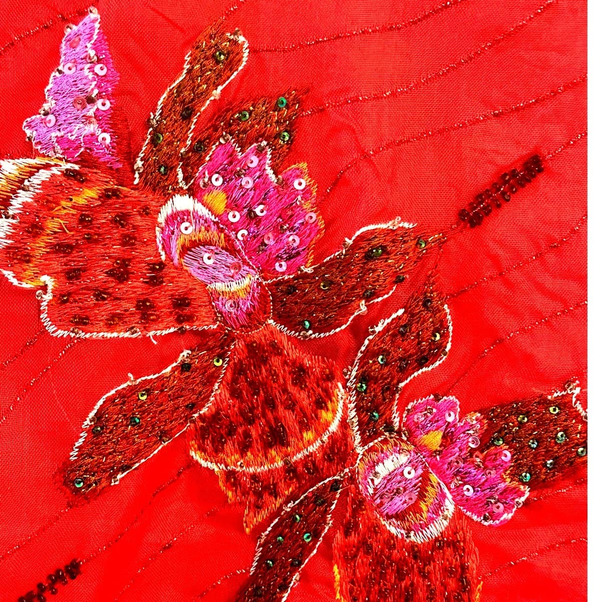 Anage Red Sequined Embroidered Flowers & Beaded XL Silk Blouse Shirt Vintage - Thumbnail 7