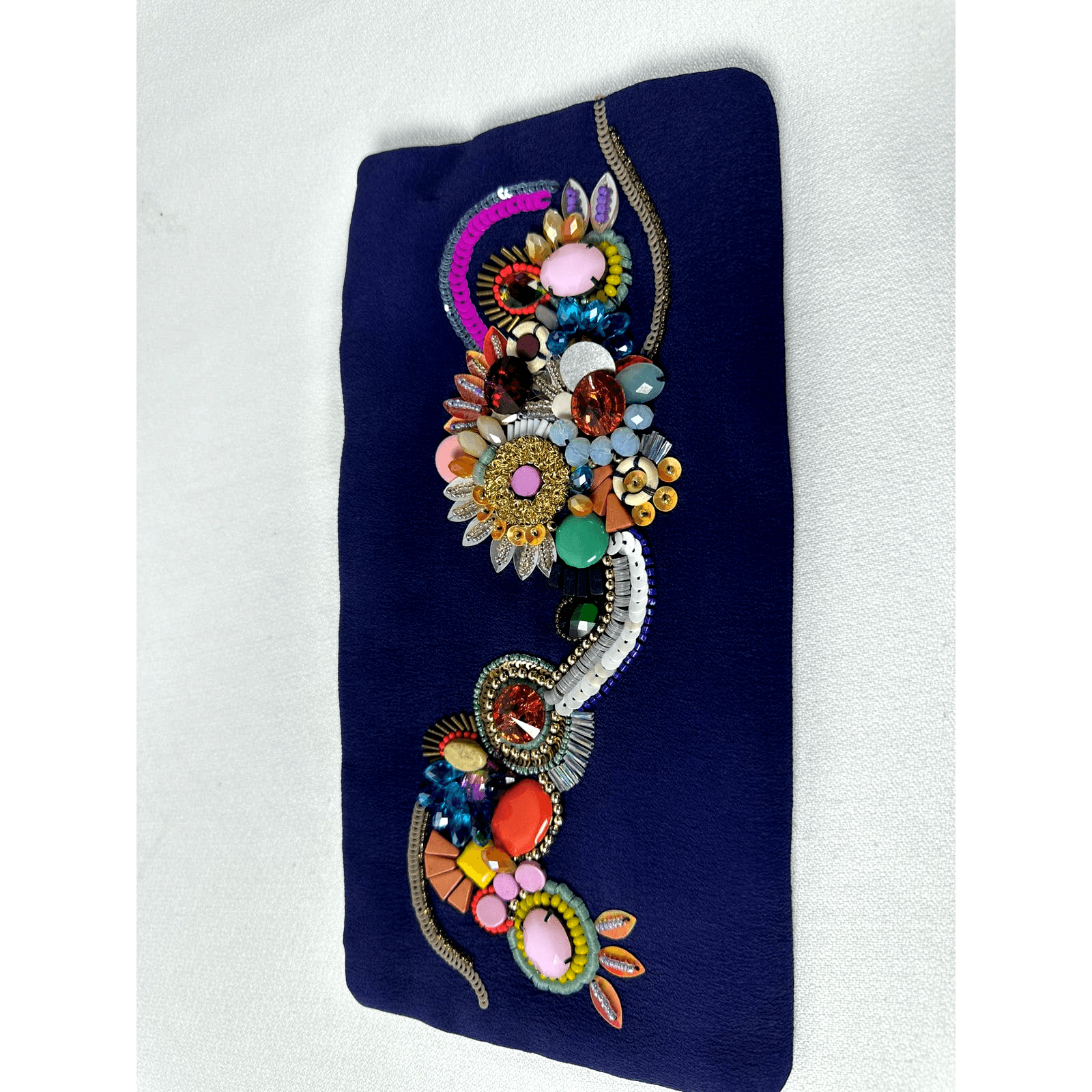 Megan Park Violet/Blue Silk Clutch Bag w/Stunning Jeweled Floral Embellishments - Thumbnail 7
