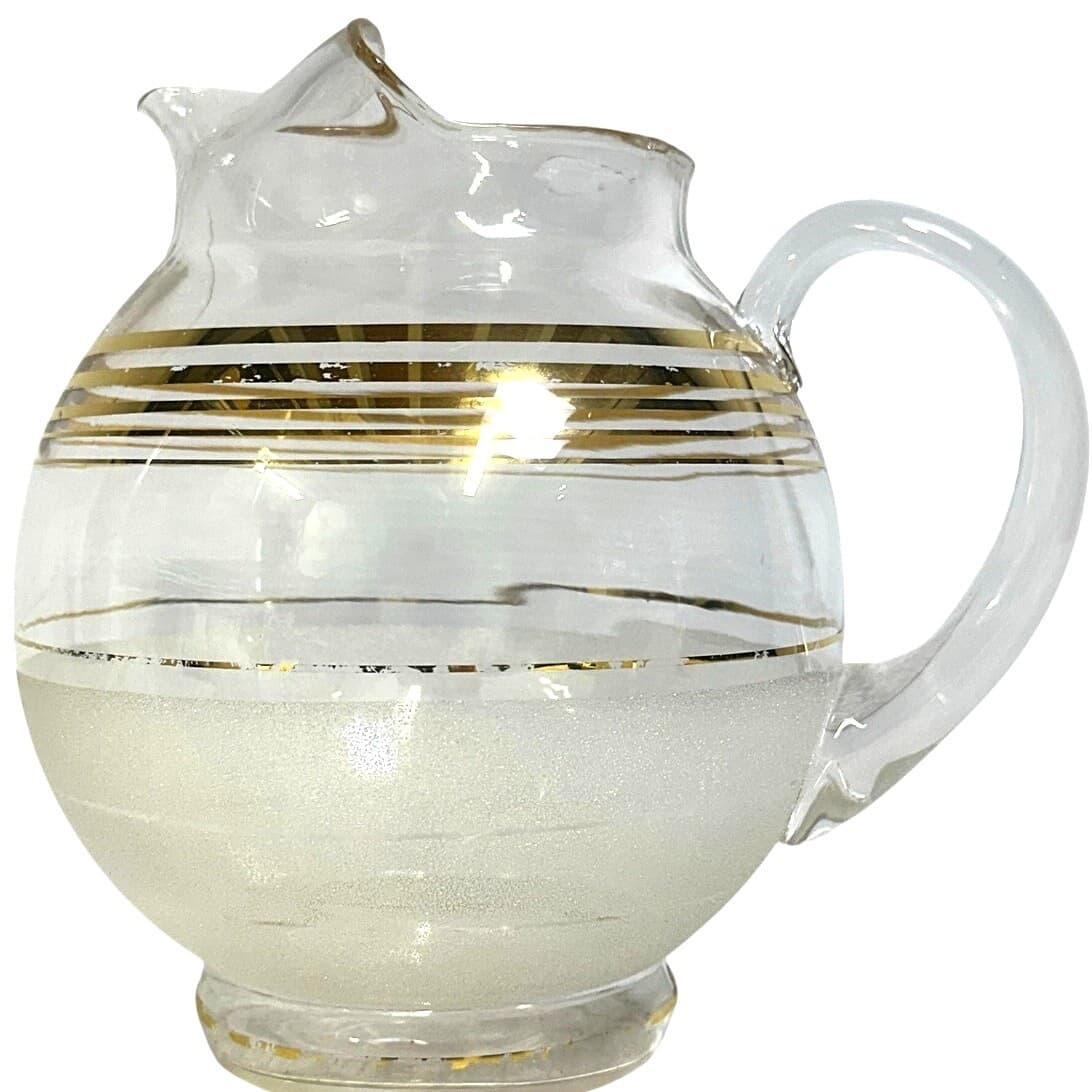 West Virginia Glass MCM 1950's Frosted Ball Cocktail Pitcher Ice Lip & 6 Glasses - Thumbnail 4