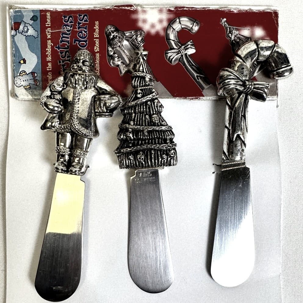 Holiday Christmas Vintage Set of Three Spreaders-Santa/Tree/Candy Cane