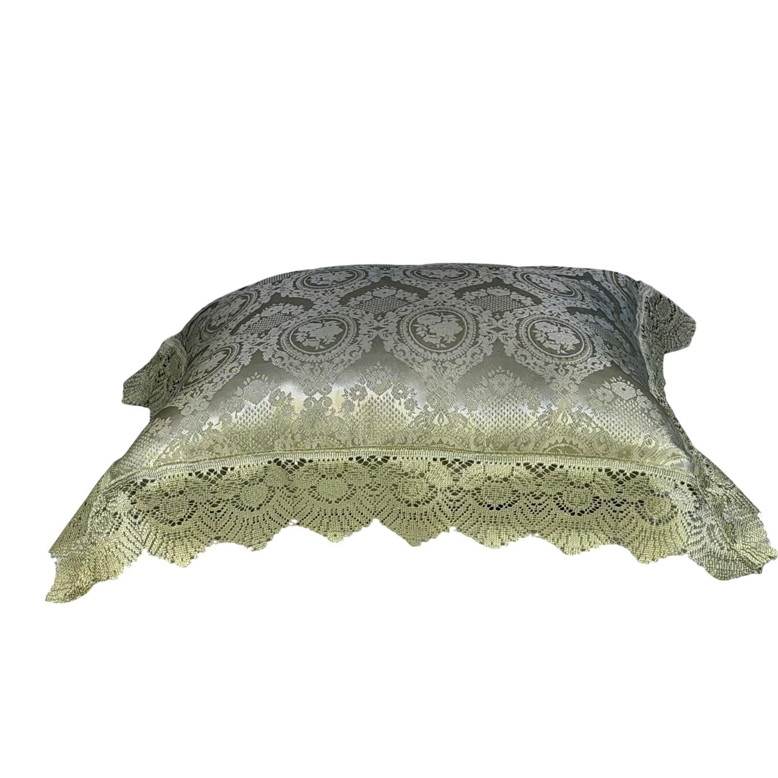Traditional Pale Sage Green Jacquard Pattern Damask 17x17 Lace Trim Throw Pillow - Thumbnail 4