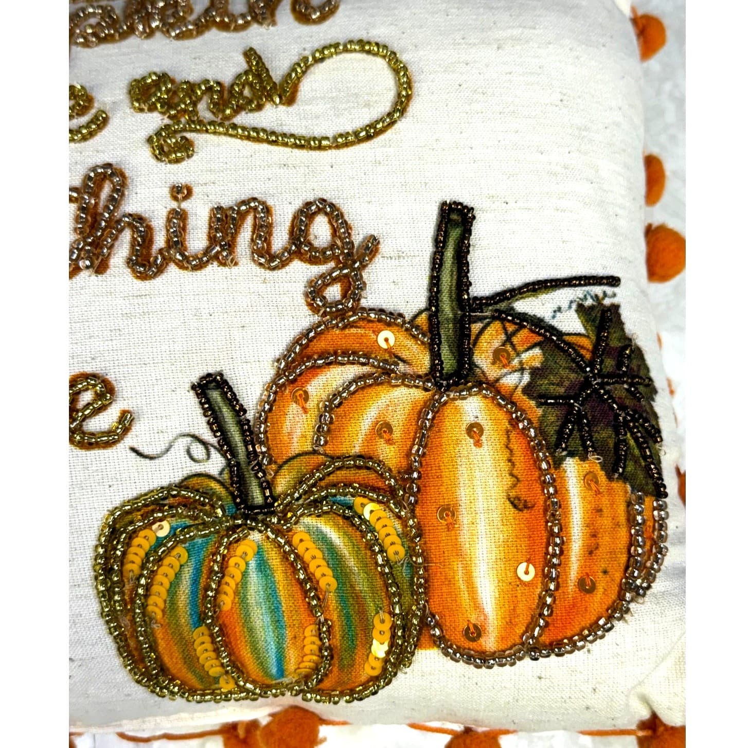 'Pumpkin and Spice and Everything Nice' Cozy Autumn 13 x 9 Beaded Accent Pillow - Thumbnail 4