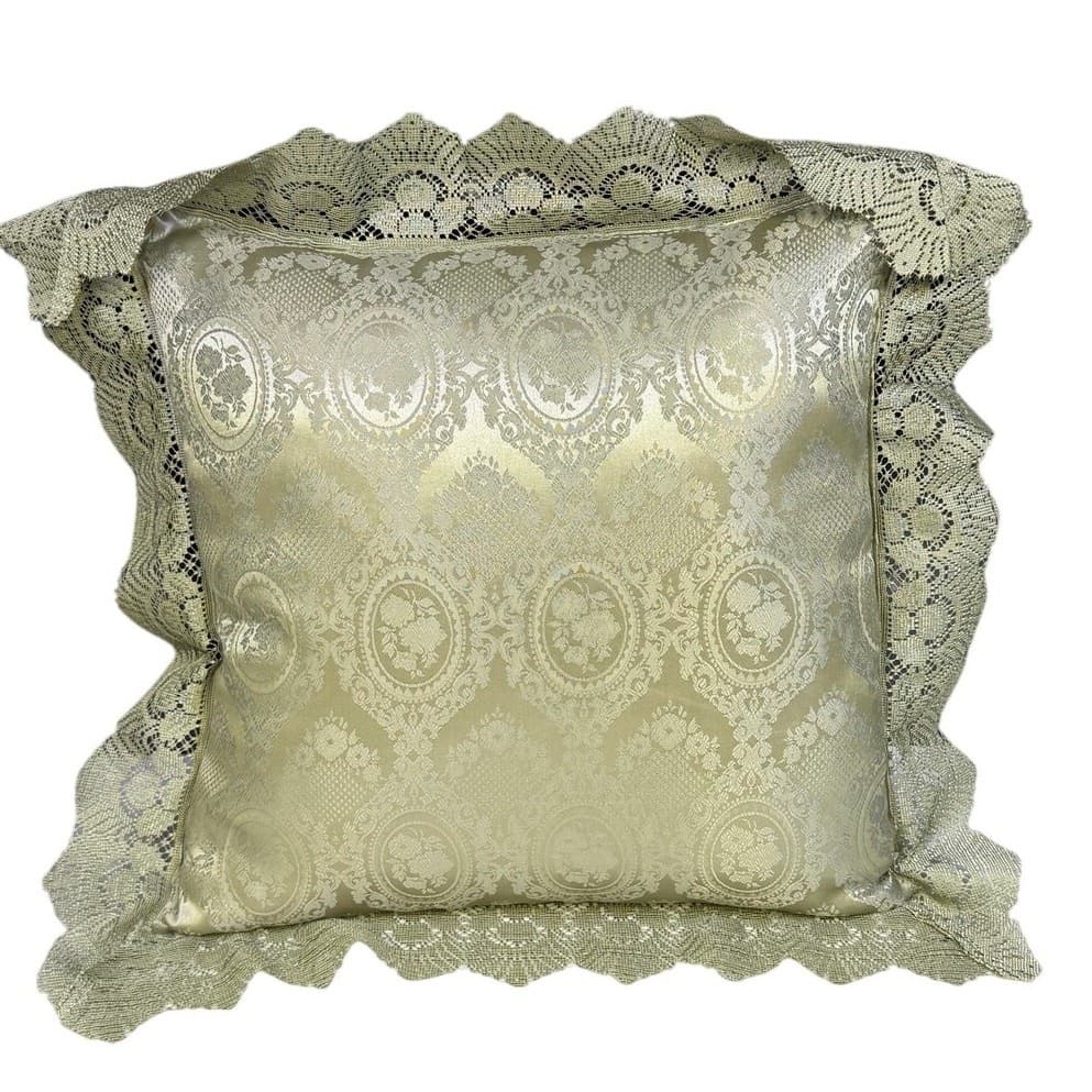 Traditional Pale Sage Green Jacquard Pattern Damask 17x17 Lace Trim Throw Pillow