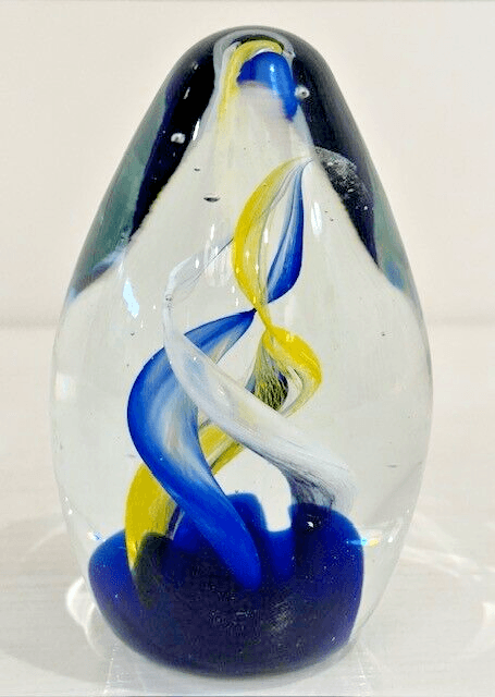 Art Glass Display Egg Paperweight Clear Blue Yellow White Swirls