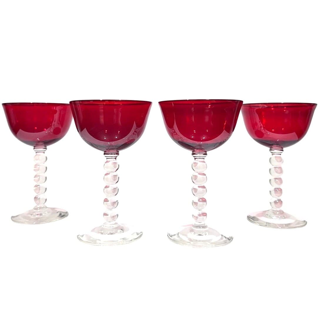Stunning Art Deco Ruby Red Bubble Stem Champagne Tall Sherbet Glasses-Set of 4 - Thumbnail 5