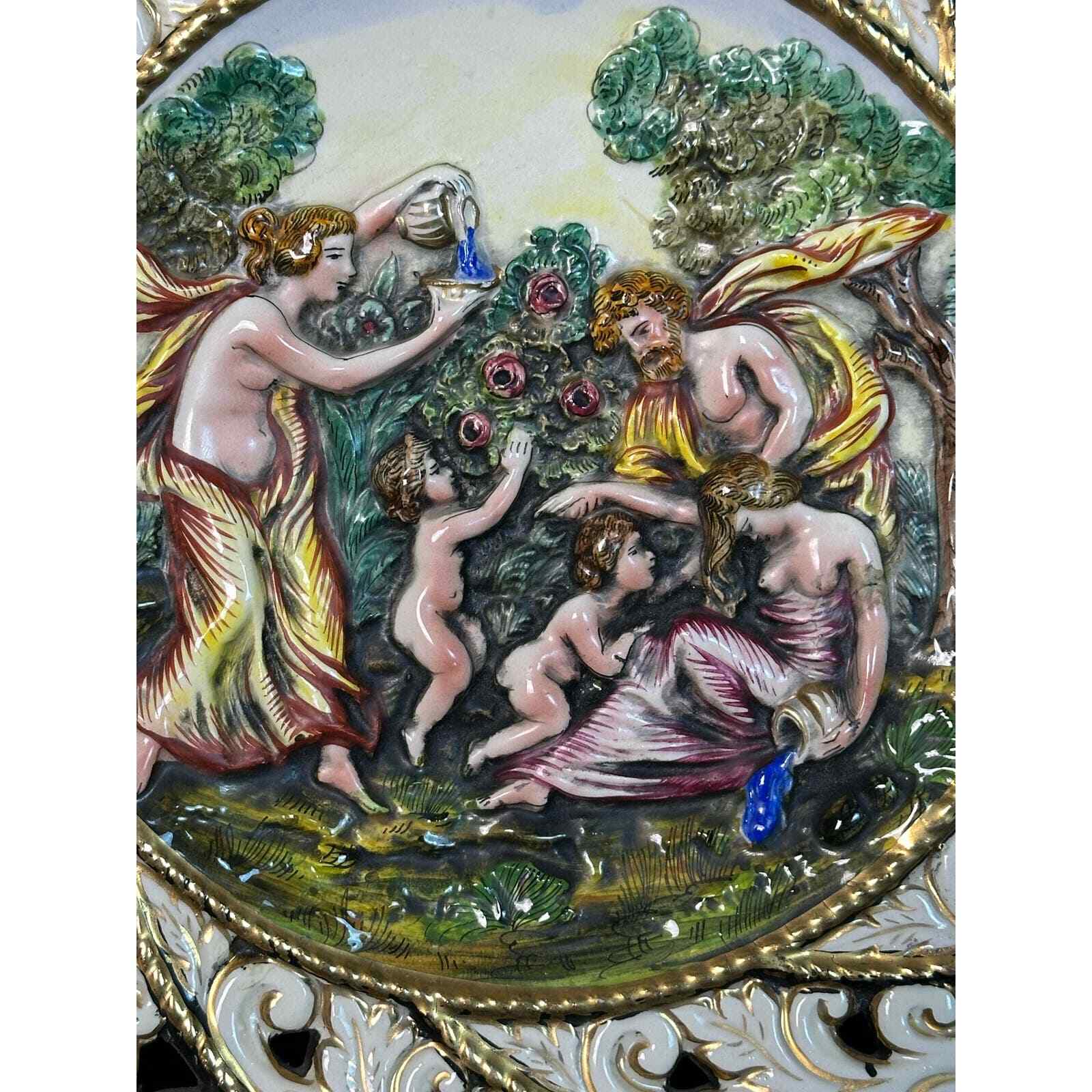 Capodimonte Hand Painted Raised Relief Gilded Signed Numbered Plate 13.5" Italy - Thumbnail 2