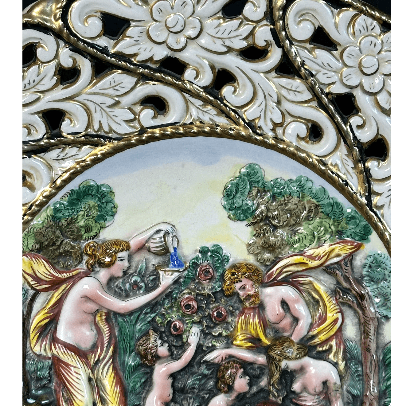 Capodimonte Hand Painted Raised Relief Gilded Signed Numbered Plate 13.5" Italy - Thumbnail 4