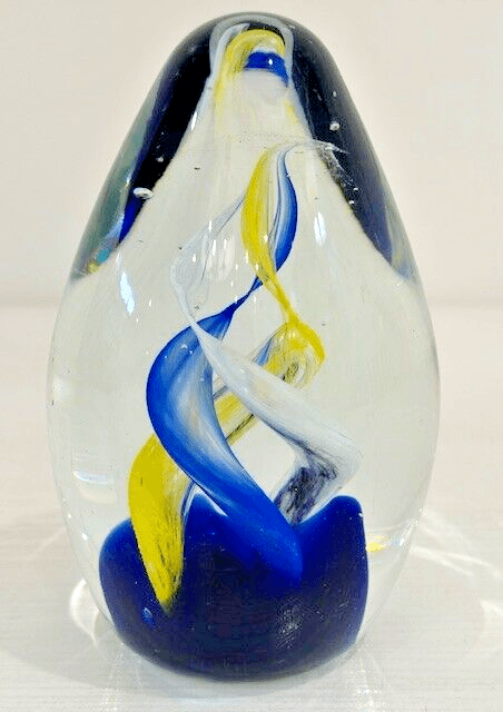 Art Glass Display Egg Paperweight Clear Blue Yellow White Swirls - Thumbnail 2