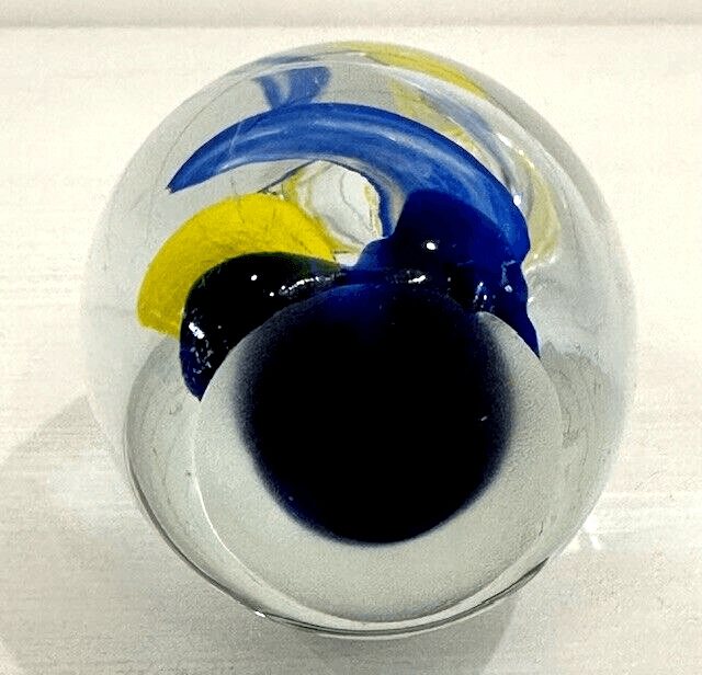 Art Glass Display Egg Paperweight Clear Blue Yellow White Swirls - Thumbnail 4