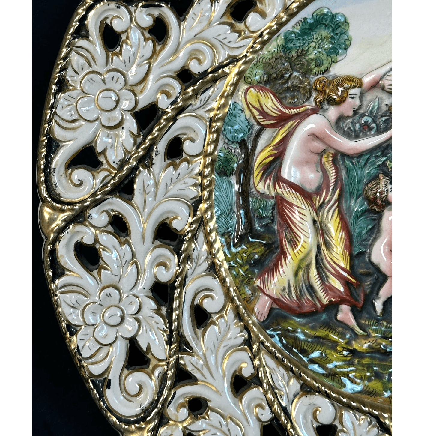 Capodimonte Hand Painted Raised Relief Gilded Signed Numbered Plate 13.5" Italy - Thumbnail 3