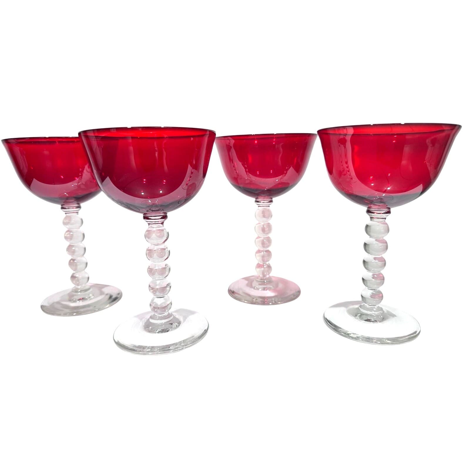 Stunning Art Deco Ruby Red Bubble Stem Champagne Tall Sherbet Glasses-Set of 4 - Thumbnail 3