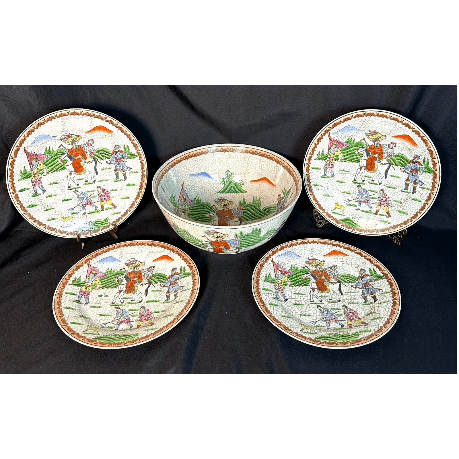 Chinese Porcelain Vintage Large 12.5" Bowl with Four 10.5" Matching Plates!