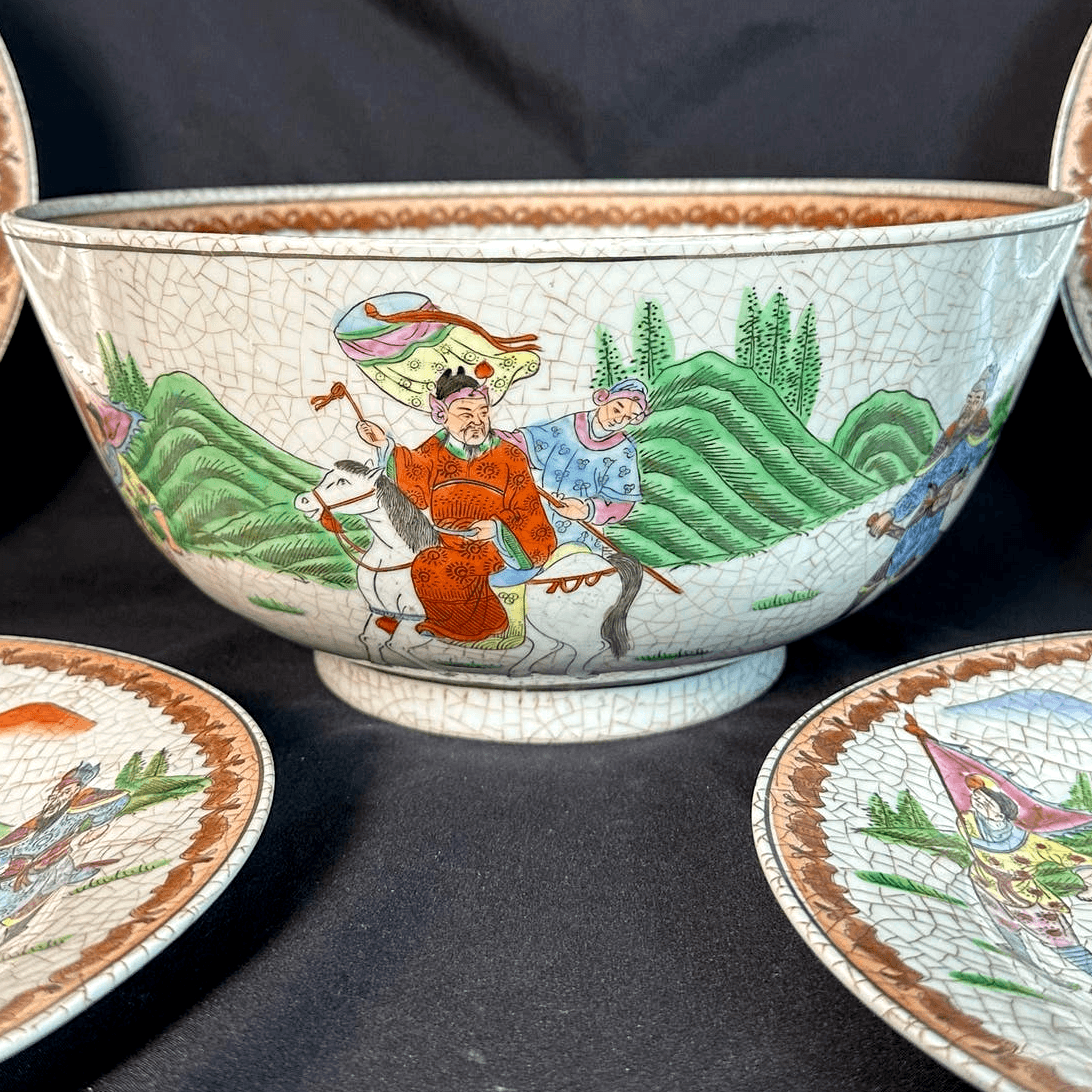 Chinese Porcelain Vintage Large 12.5" Bowl with Four 10.5" Matching Plates! - Thumbnail 2