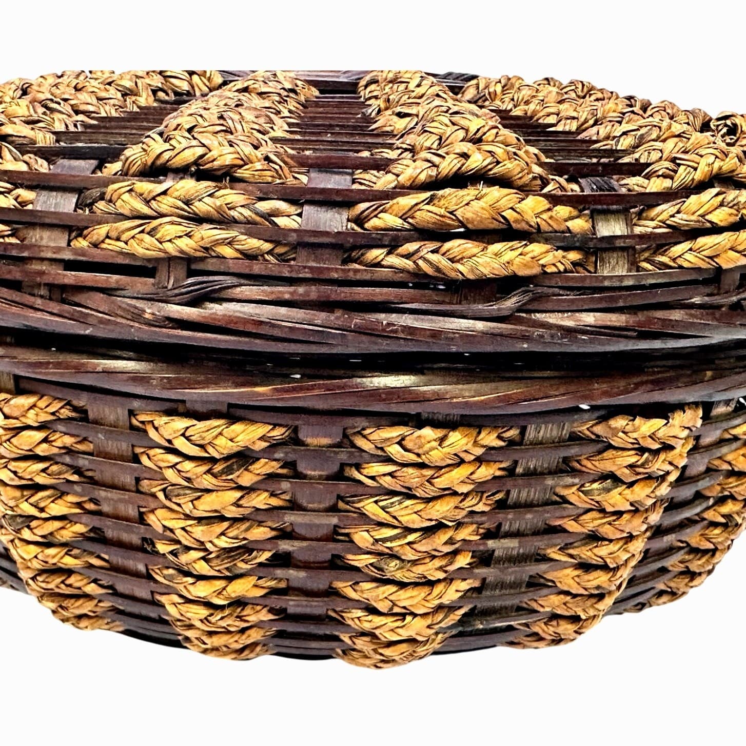 Hand Woven 12” X 5-1/2” Folk Art Braided Vintage Sewing Basket with Lid - Thumbnail 6