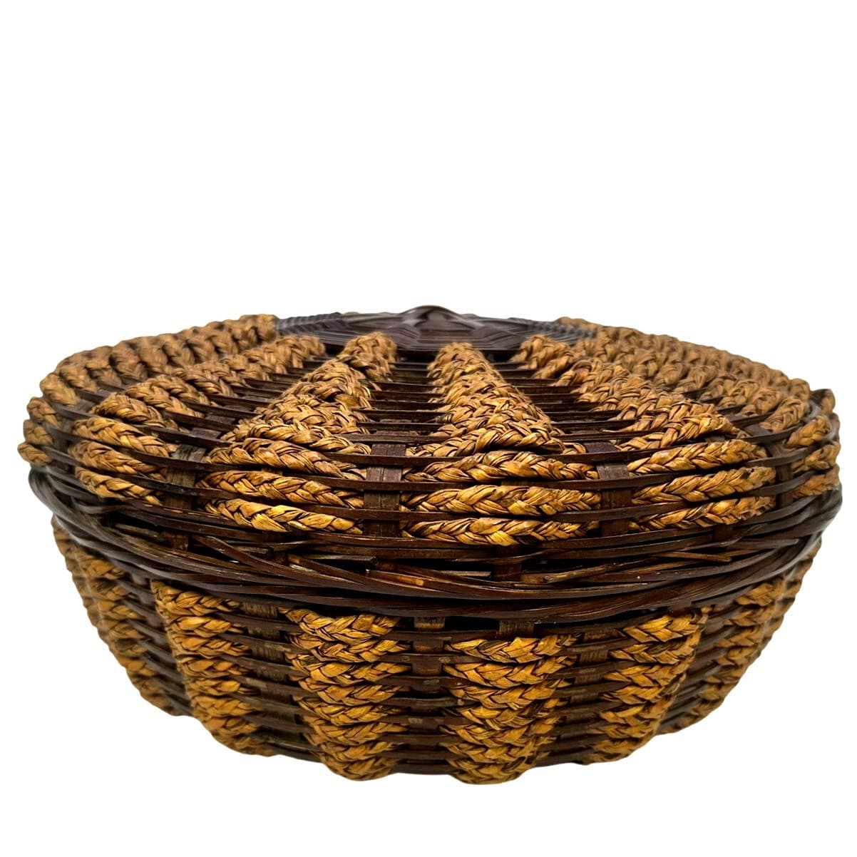 Hand Woven 12” X 5-1/2” Folk Art Braided Vintage Sewing Basket with Lid