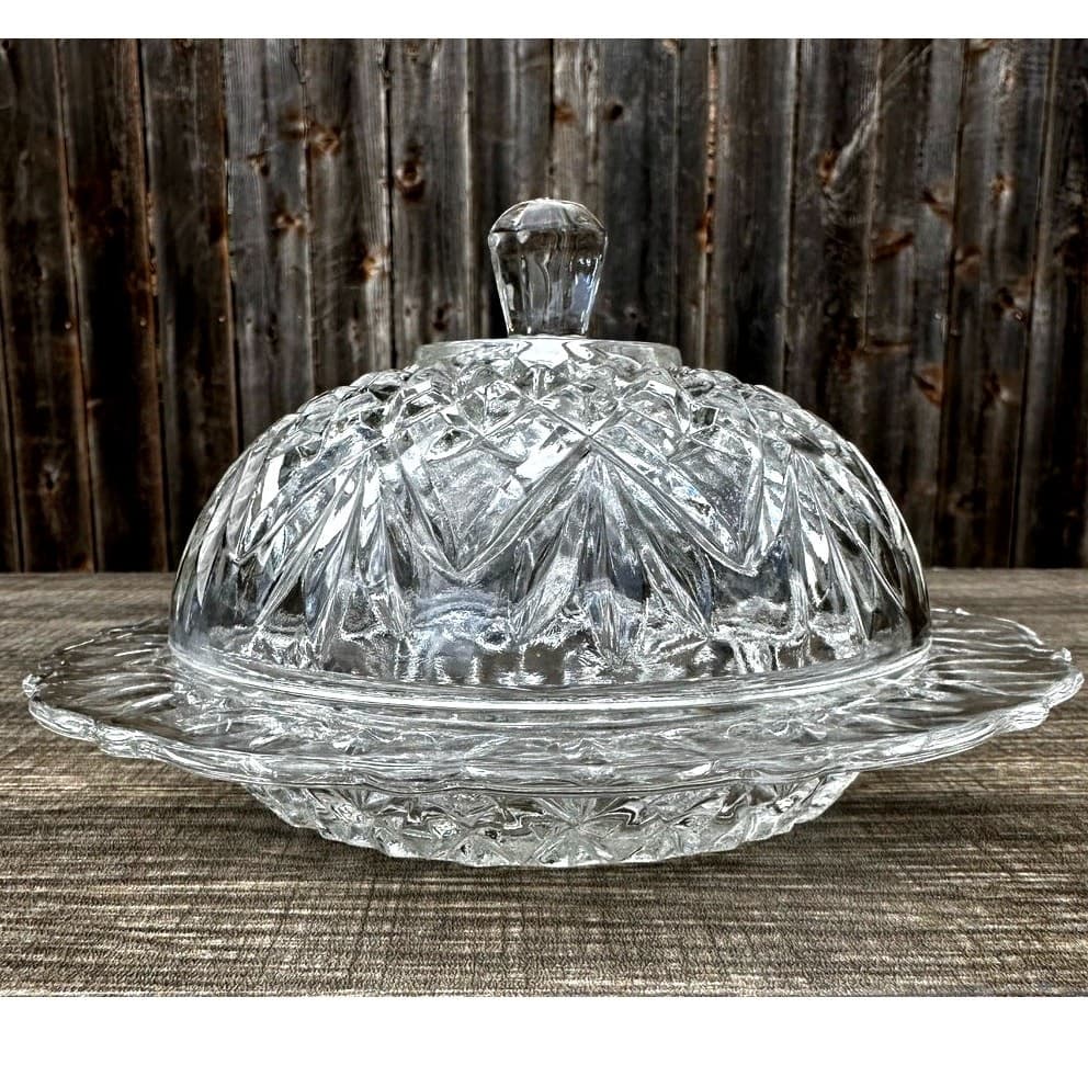 Anchor Hocking Retired 1960's Prescut Clear Pineapple Round Covered Butter Dish - Thumbnail 2