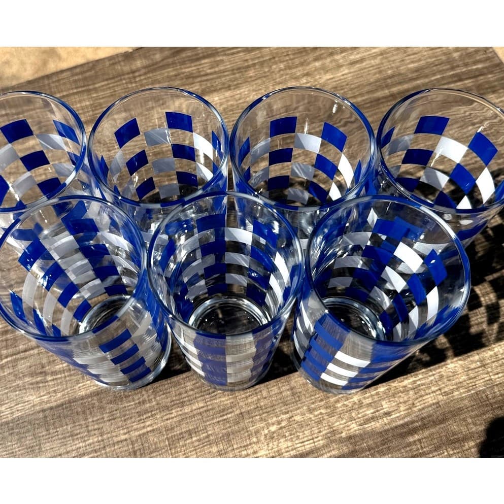 Anchor Hocking MCM Blue/White/Clear Gingham Check Highball Glasses-Mint-Set of 7 - Thumbnail 6