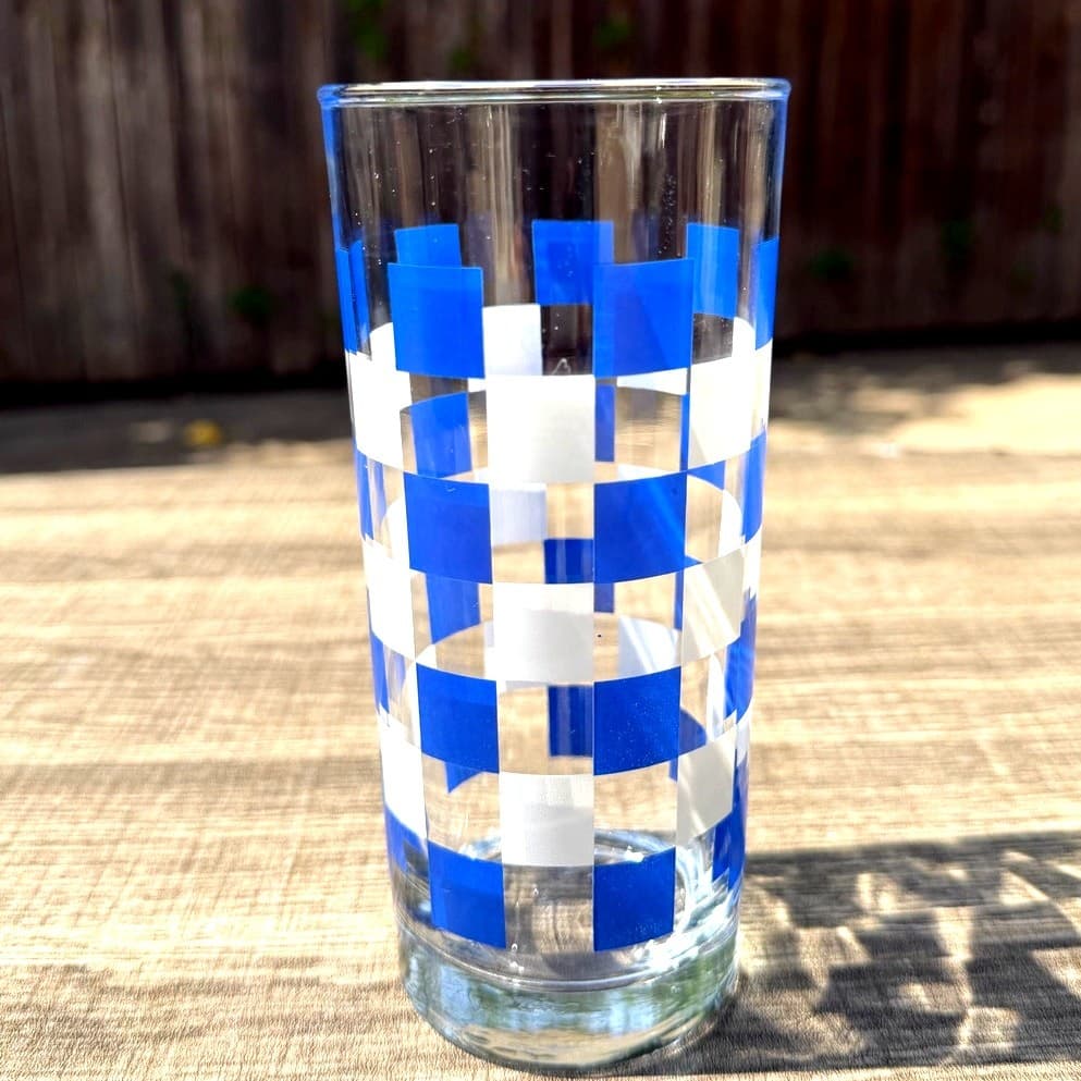 Anchor Hocking MCM Blue/White/Clear Gingham Check Highball Glasses-Mint-Set of 7 - Thumbnail 7