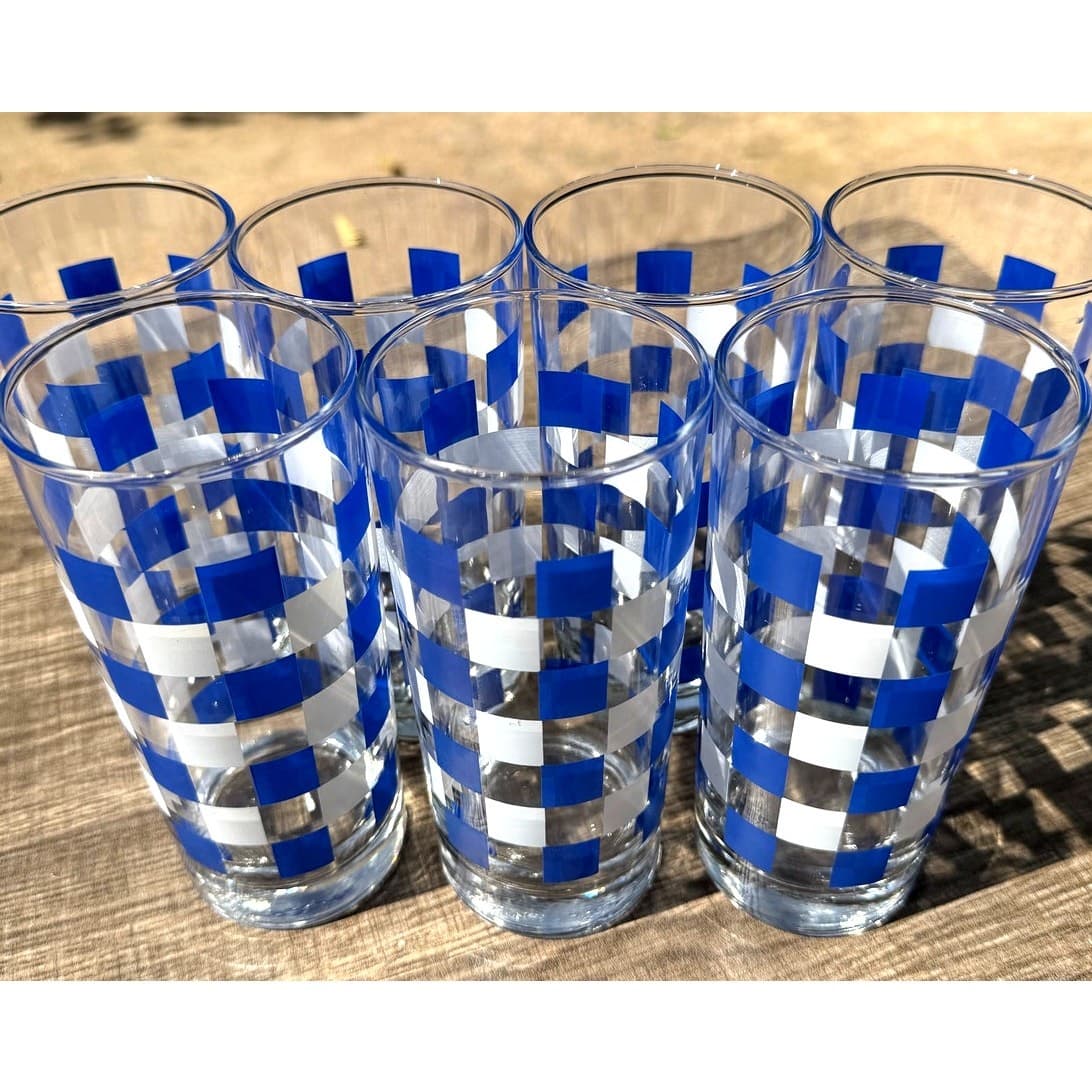 Anchor Hocking MCM Blue/White/Clear Gingham Check Highball Glasses-Mint-Set of 7 - Thumbnail 8