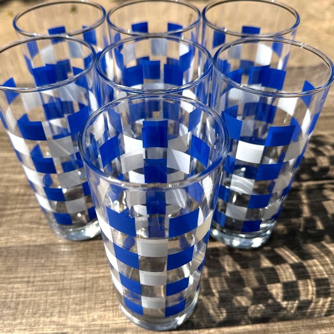Anchor Hocking MCM Blue/White/Clear Gingham Check Highball Glasses-Mint-Set of 7 - Thumbnail 2