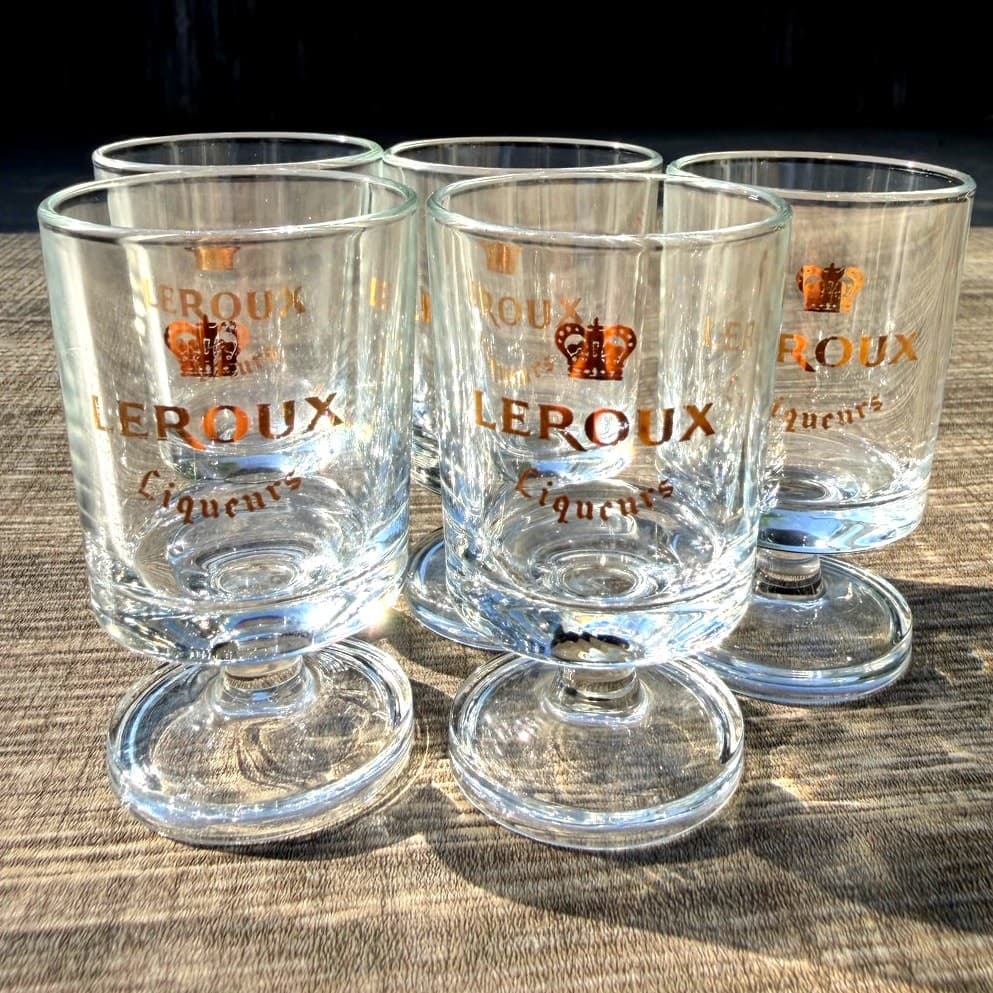 Leroux Vintage Stemmed 3" Gold Logo Liqueur/Cordial/Shot Glasses-Set of 5 - Thumbnail 3