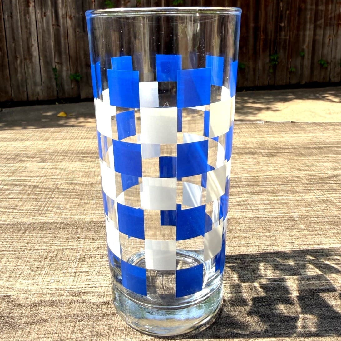 Anchor Hocking MCM Blue/White/Clear Gingham Check Highball Glasses-Mint-Set of 7 - Thumbnail 3