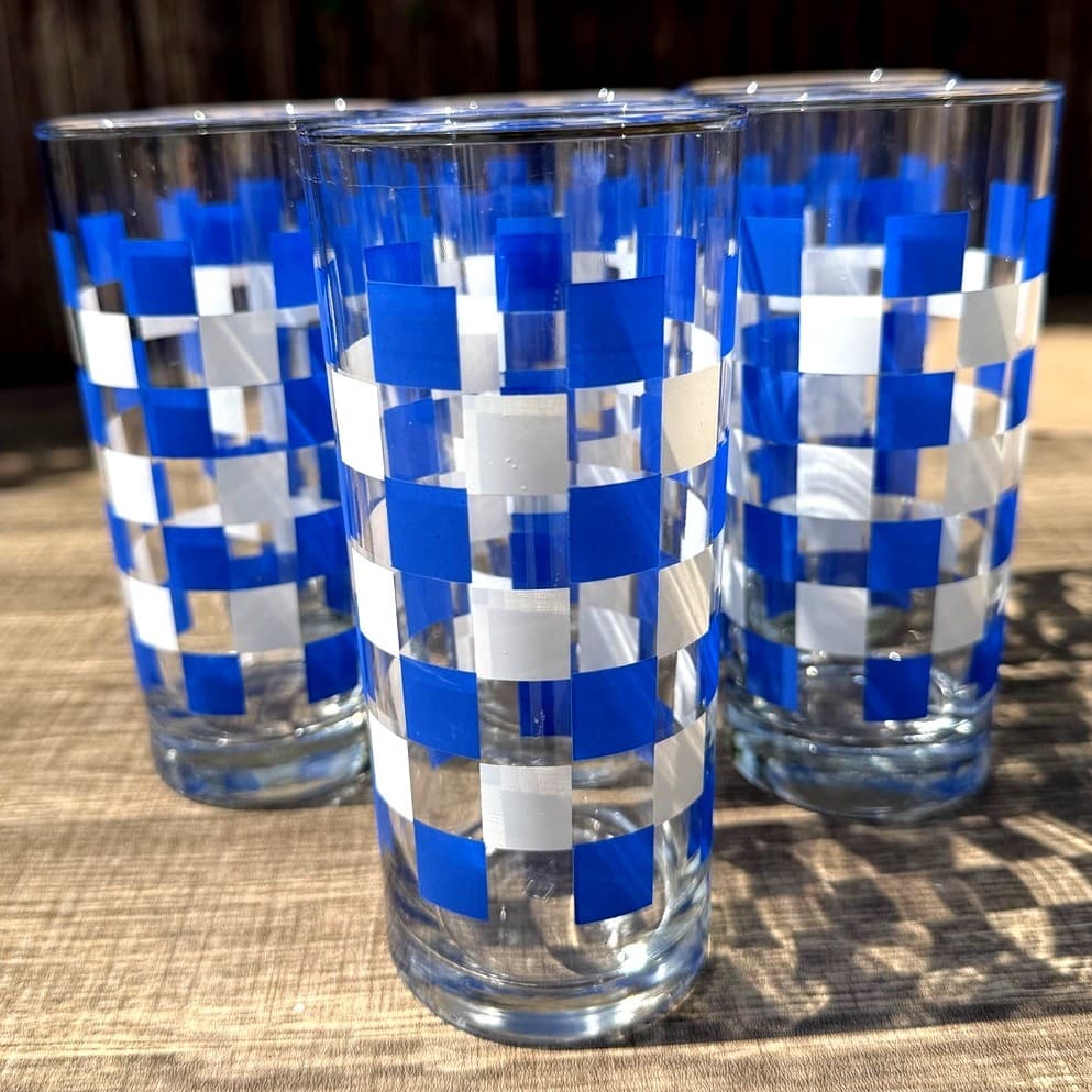 Anchor Hocking MCM Blue/White/Clear Gingham Check Highball Glasses-Mint-Set of 7 - Thumbnail 4