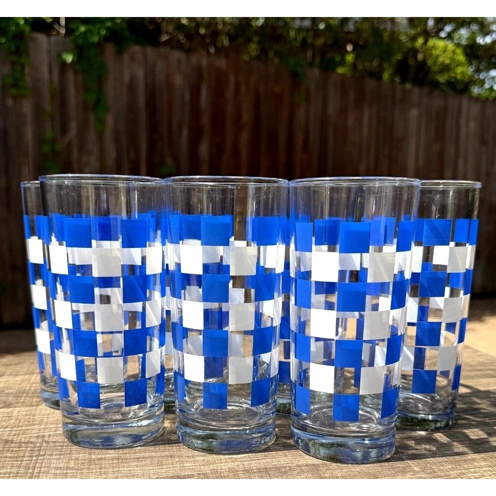 Anchor Hocking MCM Blue/White/Clear Gingham Check Highball Glasses-Mint-Set of 7