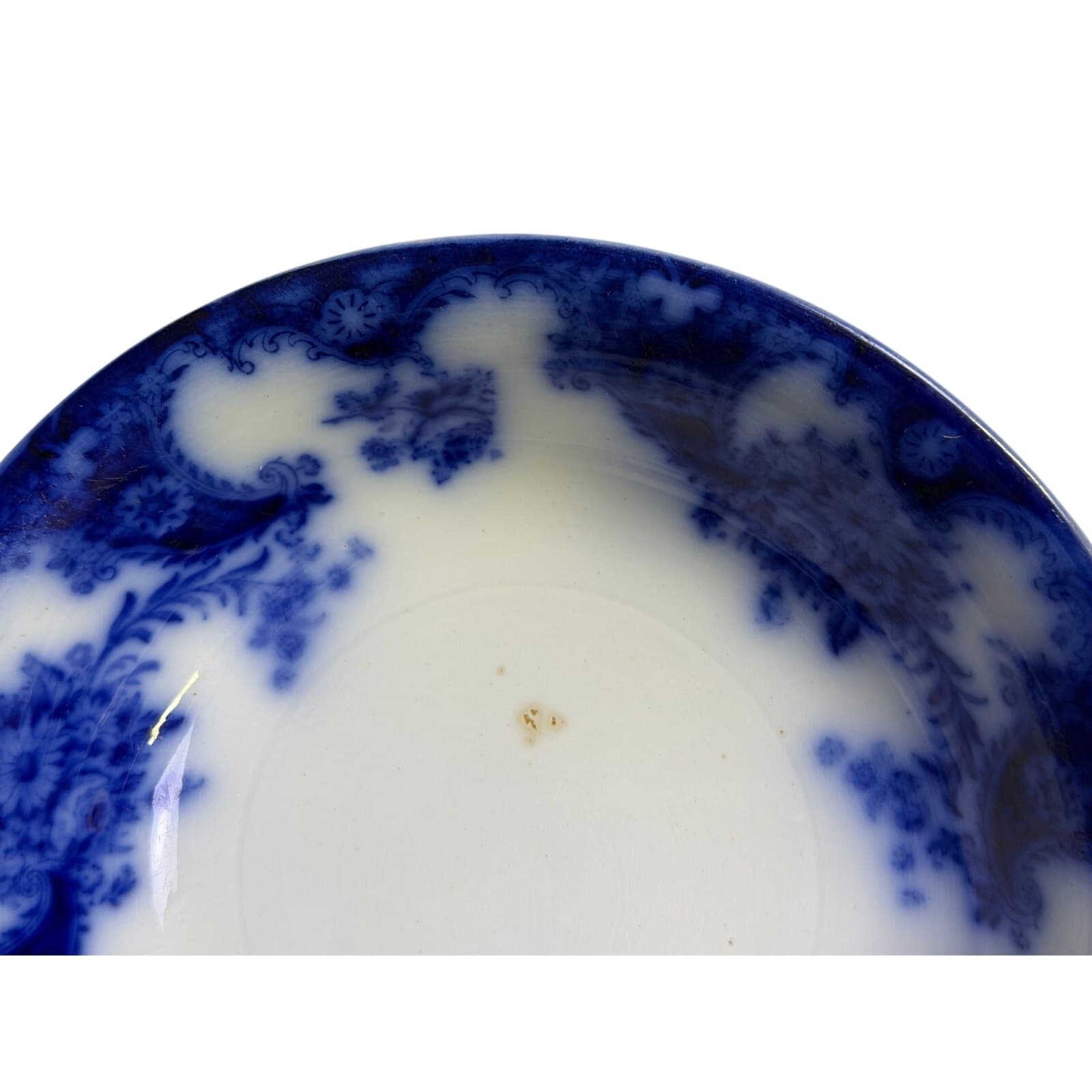 Antique Late 19th Century New Wharf Pottery Blue Flow 9" Serving Bowl - Thumbnail 5