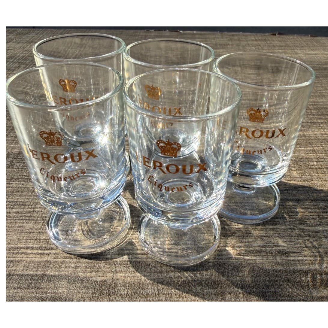 Leroux Vintage Stemmed 3" Gold Logo Liqueur/Cordial/Shot Glasses-Set of 5 - Thumbnail 7