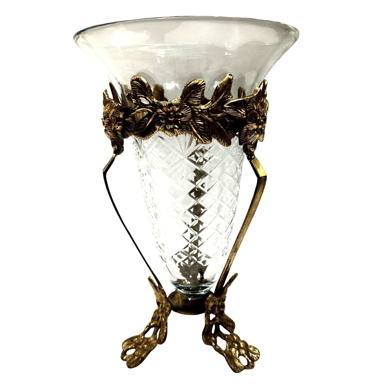 Intricate Ornate Floral Brass Stand Diamond Pattern Clear Glass Flared Cone - Thumbnail 6