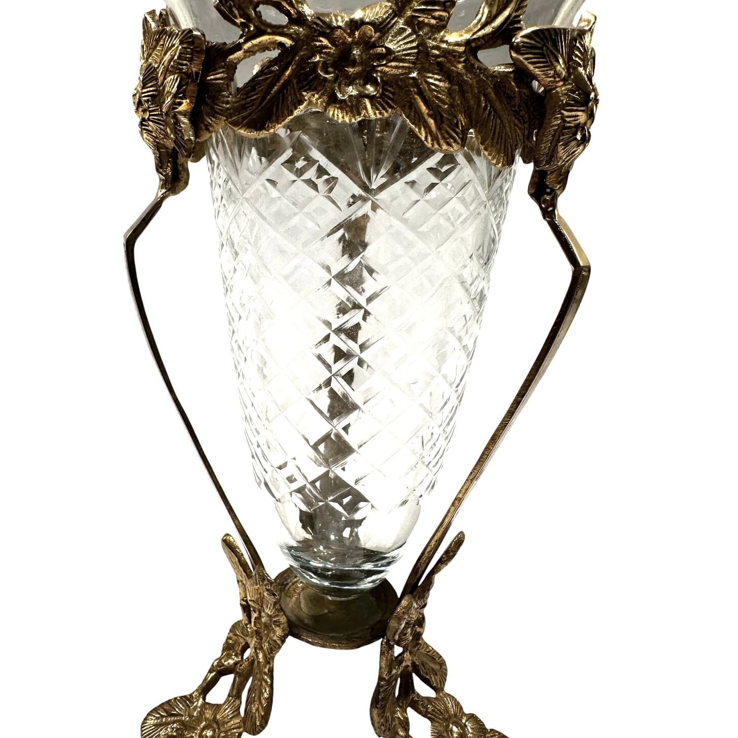 Intricate Ornate Floral Brass Stand Diamond Pattern Clear Glass Flared Cone - Thumbnail 5