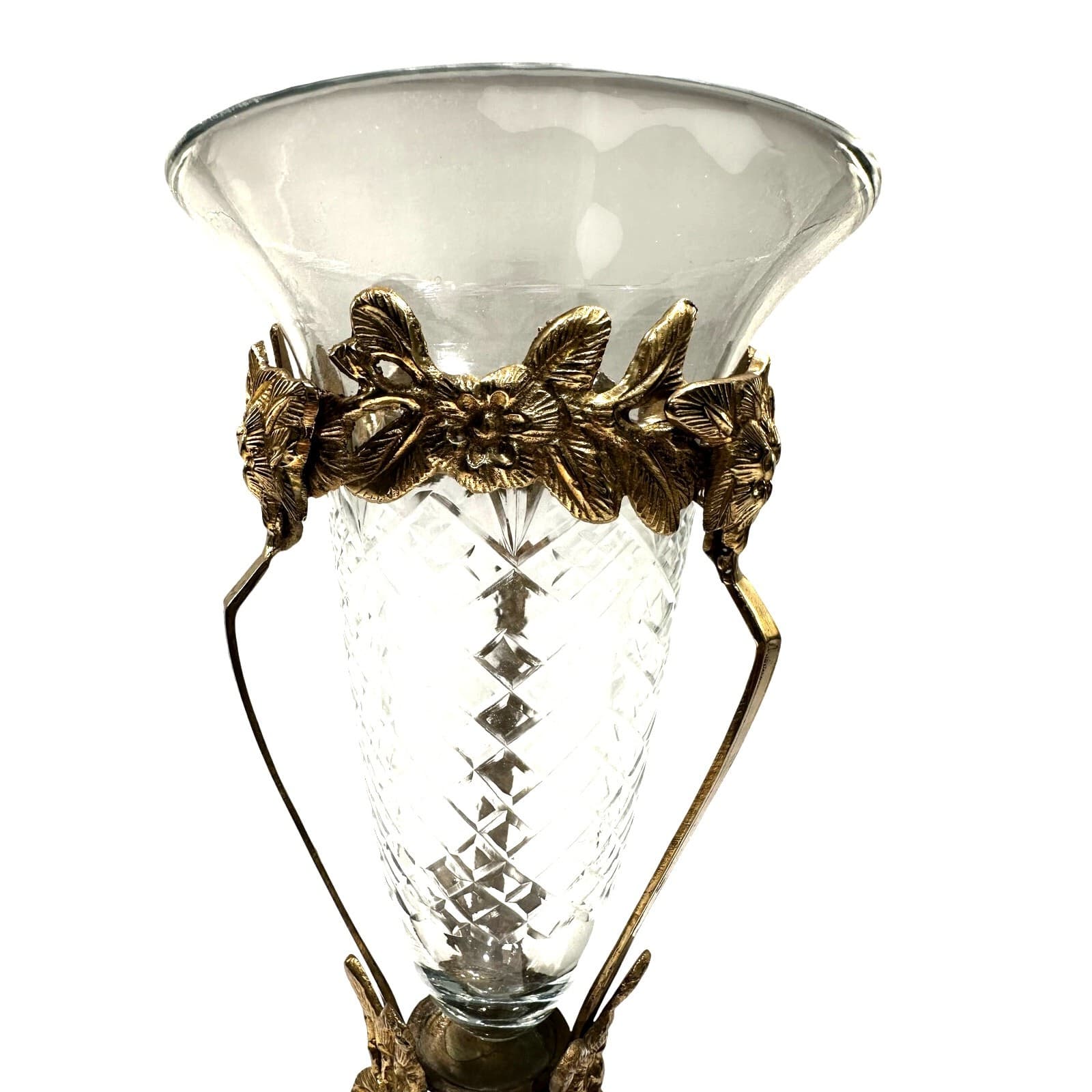 Intricate Ornate Floral Brass Stand Diamond Pattern Clear Glass Flared Cone - Thumbnail 4