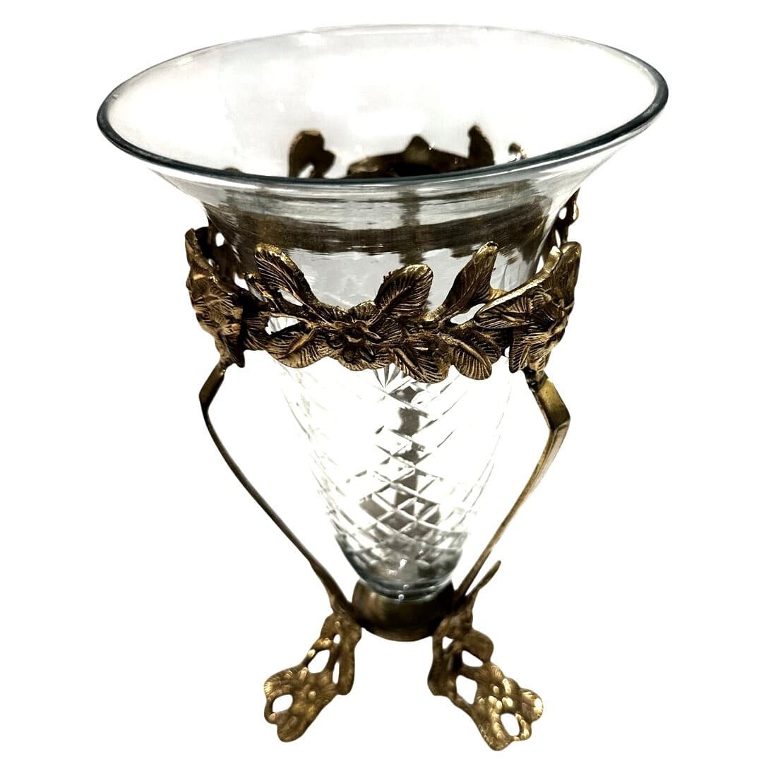 Intricate Ornate Floral Brass Stand Diamond Pattern Clear Glass Flared Cone - Thumbnail 2