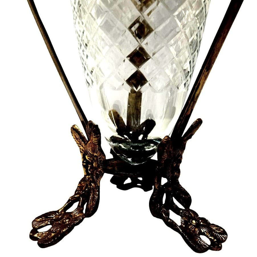 Intricate Ornate Floral Brass Stand Diamond Pattern Clear Glass Flared Cone - Thumbnail 3