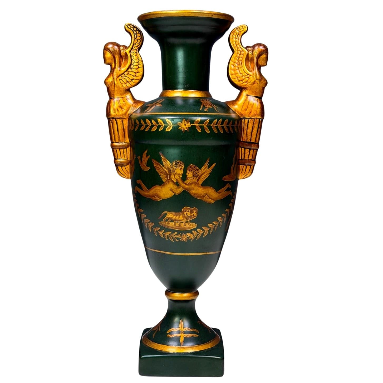 Large Neoclassical Empire Style Urn with Figural Angel Handles Green & Gilt 18”