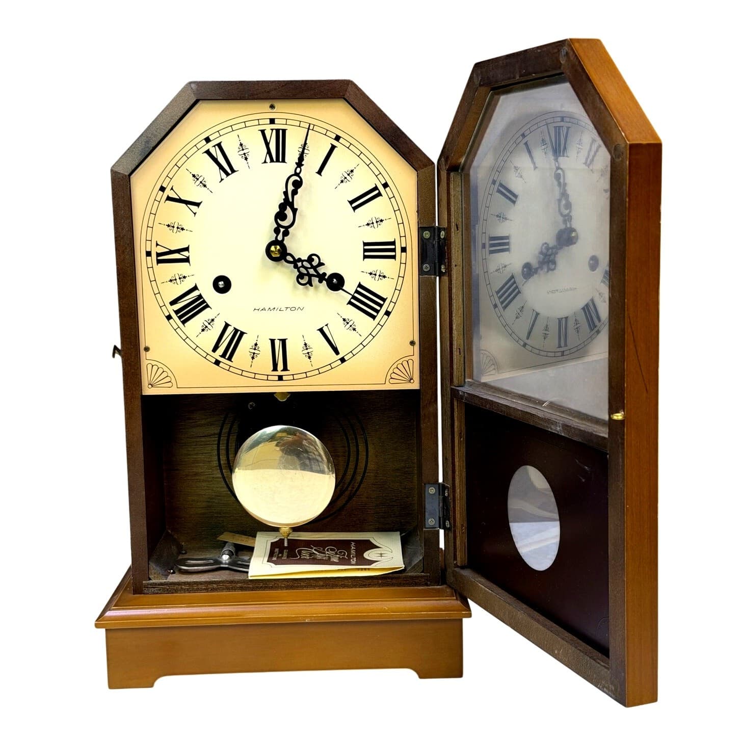 Hamilton Key Wind Mantel Clock Japan Mechanical Pendulum Chime w/ Key Vintage - Thumbnail 4