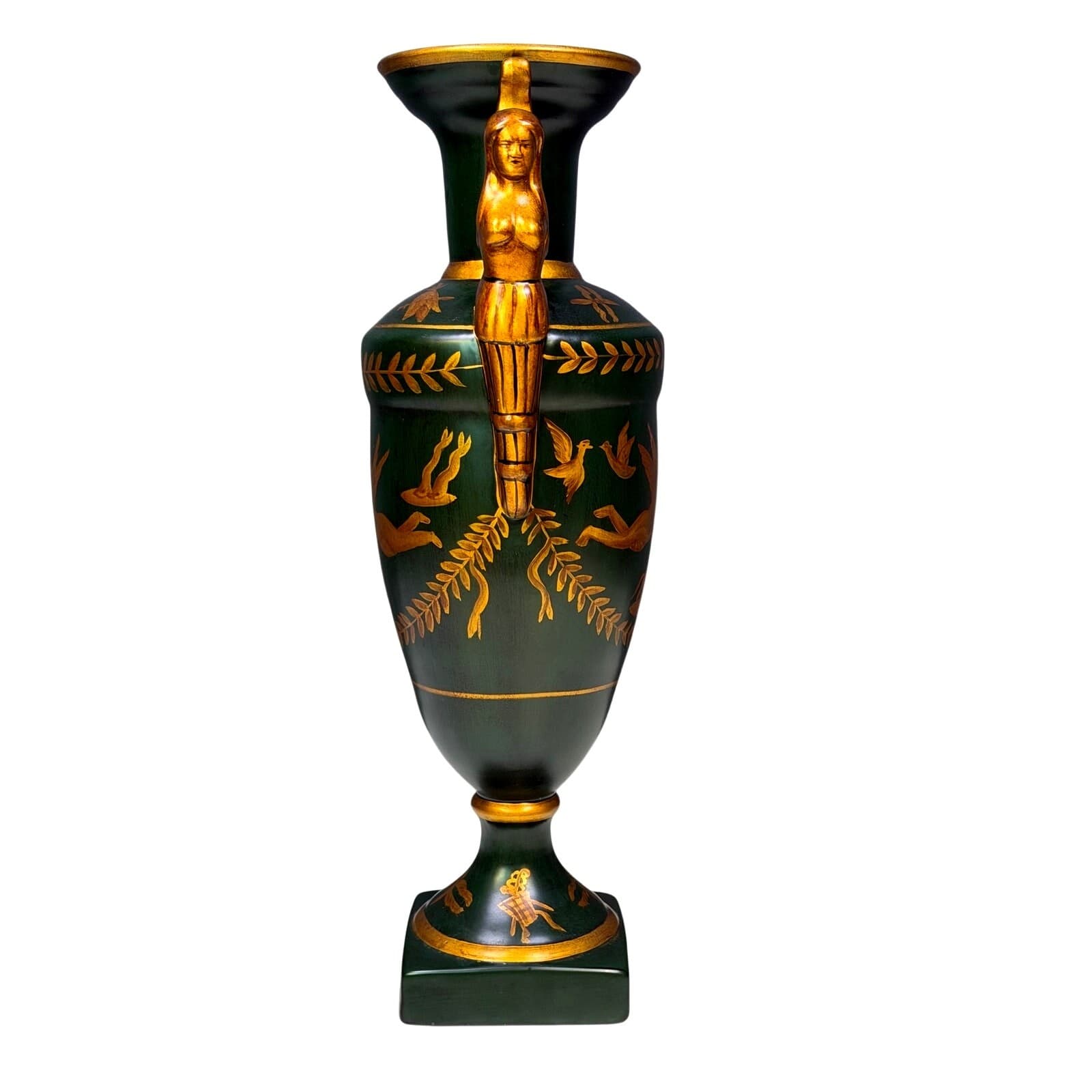Large Neoclassical Empire Style Urn with Figural Angel Handles Green & Gilt 18” - Thumbnail 4