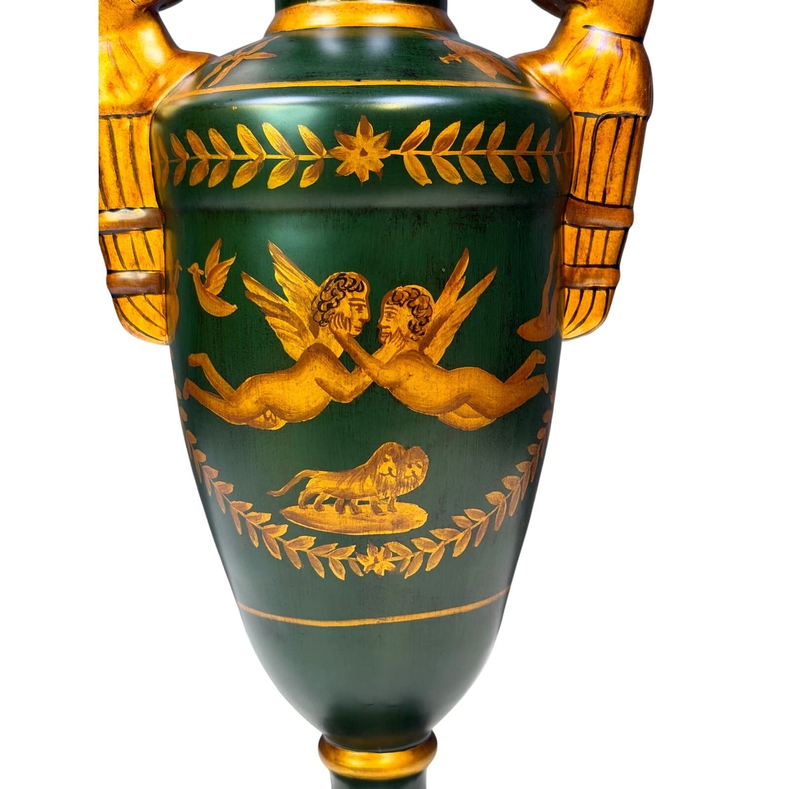 Large Neoclassical Empire Style Urn with Figural Angel Handles Green & Gilt 18” - Thumbnail 6