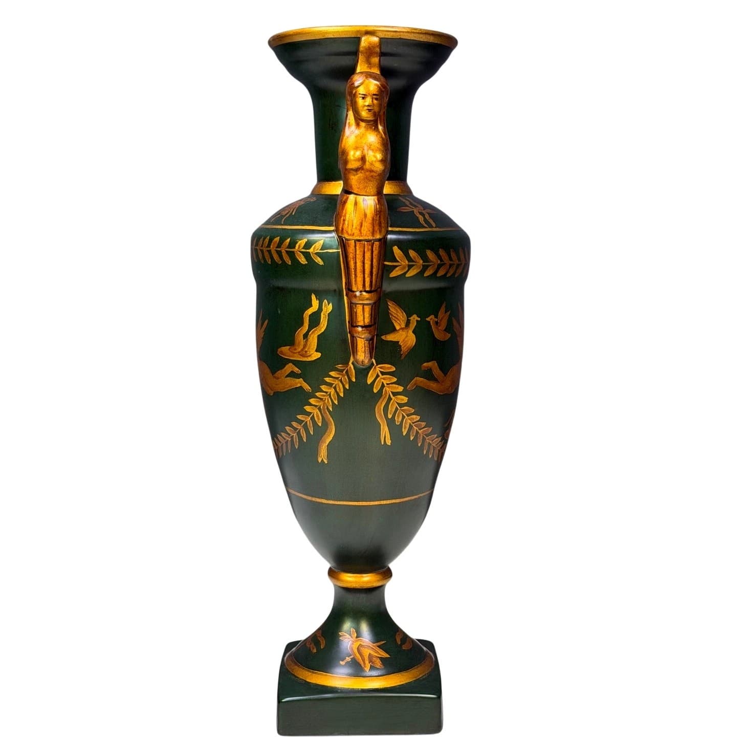 Large Neoclassical Empire Style Urn with Figural Angel Handles Green & Gilt 18” - Thumbnail 2