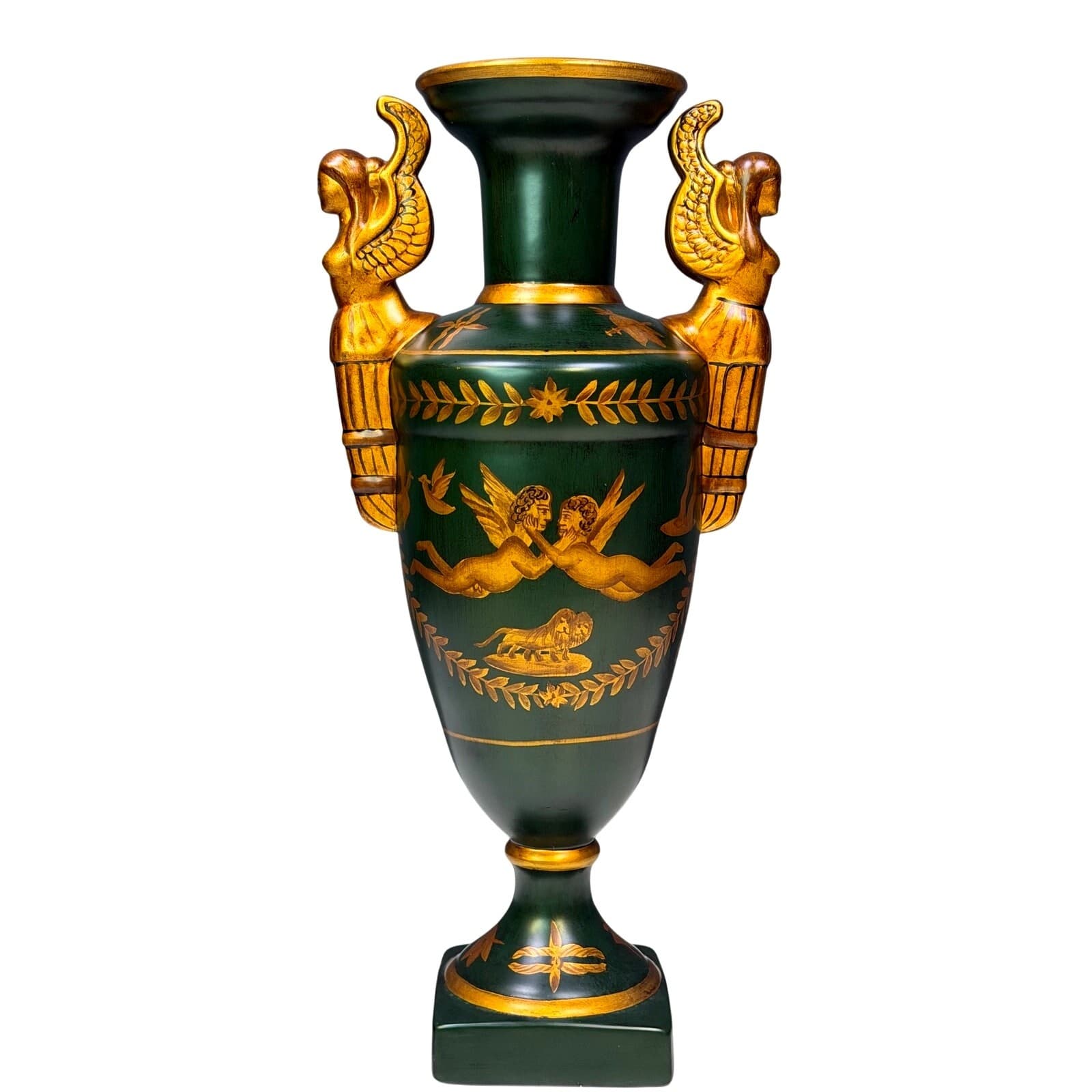 Large Neoclassical Empire Style Urn with Figural Angel Handles Green & Gilt 18” - Thumbnail 3