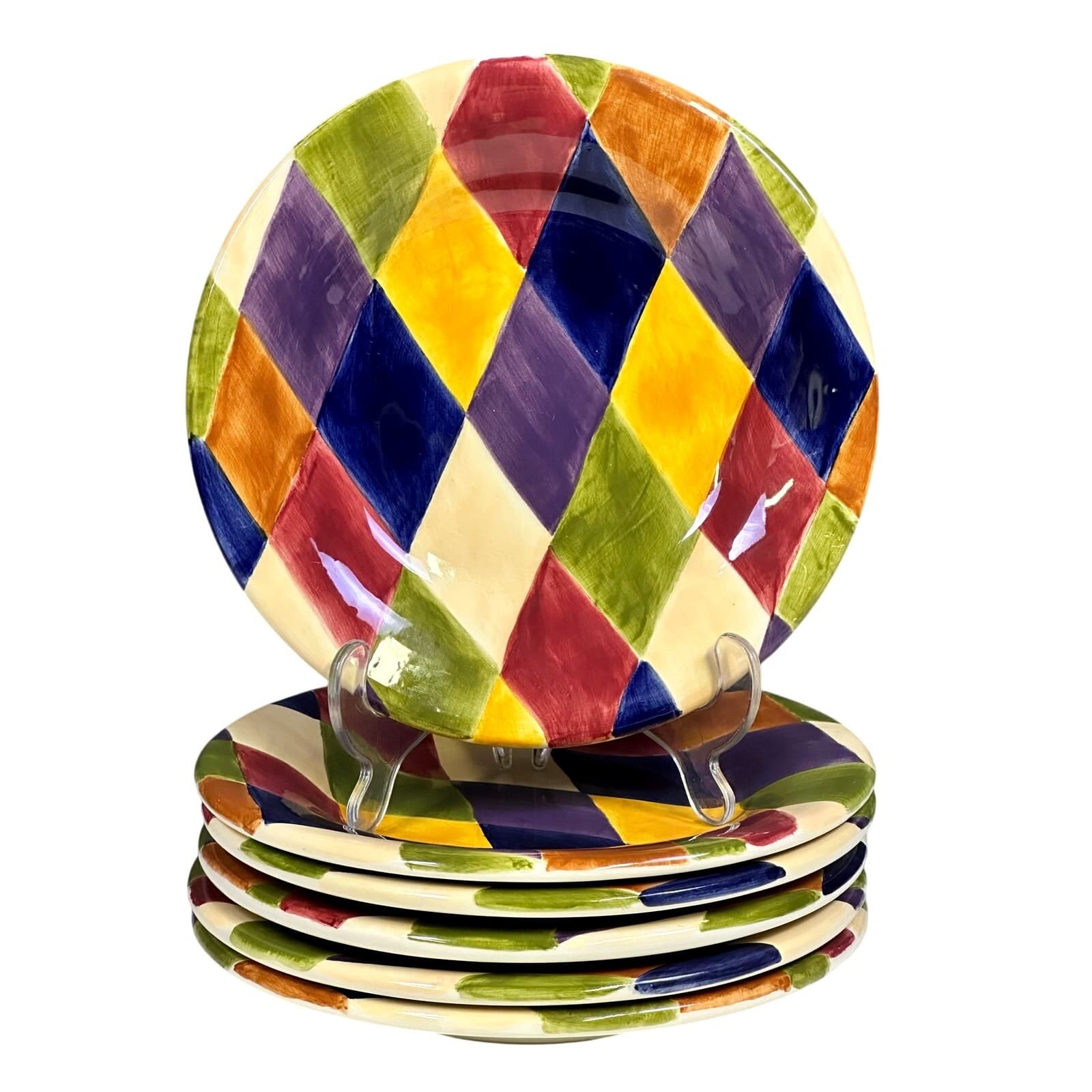 Tabletops Unlimited Retired 2004 Hand Painted Harlequin Dessert Plates-Set of 6