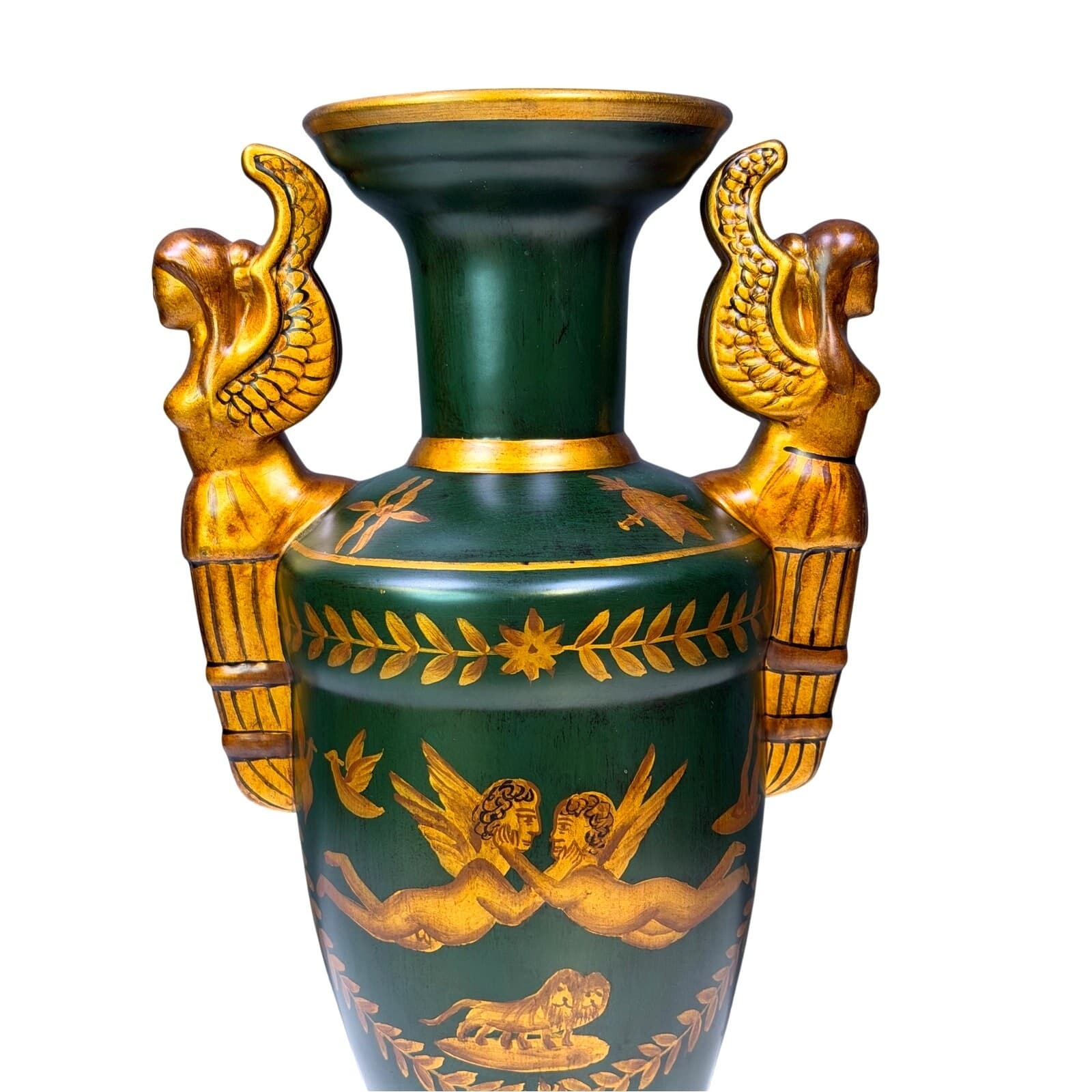 Large Neoclassical Empire Style Urn with Figural Angel Handles Green & Gilt 18” - Thumbnail 5