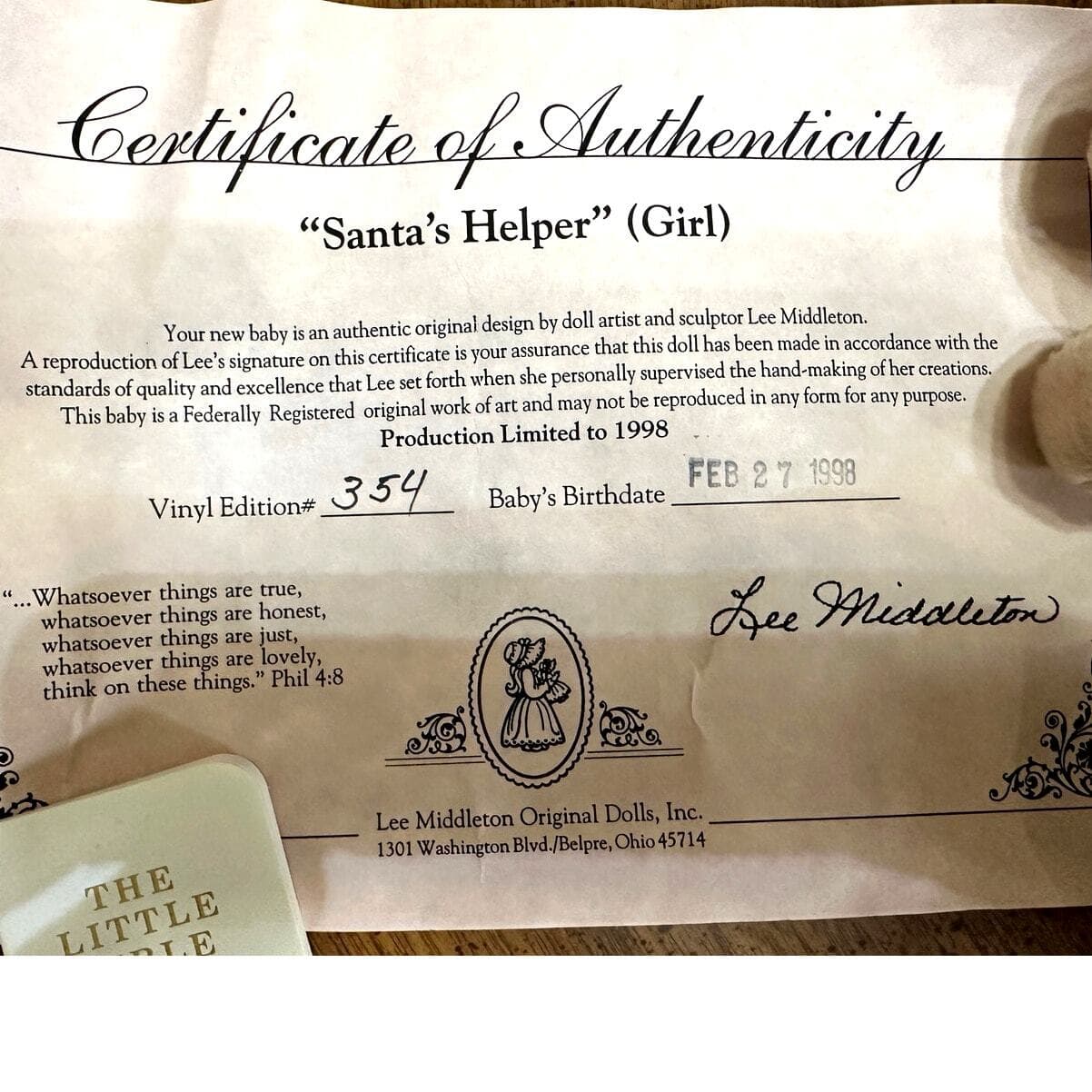 Lee Middleton 1998 Original Doll 00053 #354 "Santa's Little Helper-Girl"-NEW! - Thumbnail 6