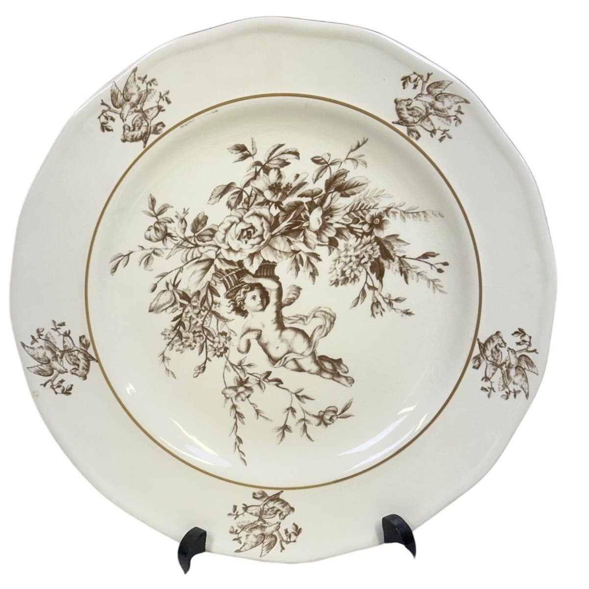 Claire Wilson 'Heaven' Brown/Ivory Cherub Doves Flowers 10.5" Dinner Plates-2 - Thumbnail 2