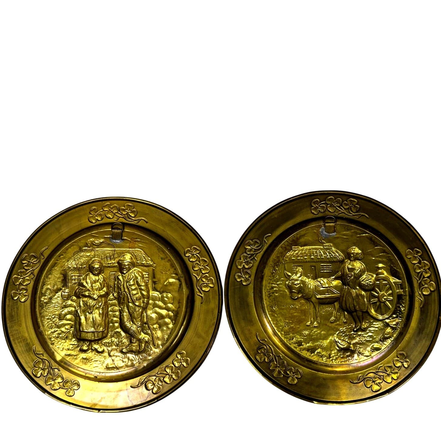 Vintage Brass Wall Plates Set of 2 Embossed European Peasant Scene Hanging Decor - Thumbnail 4