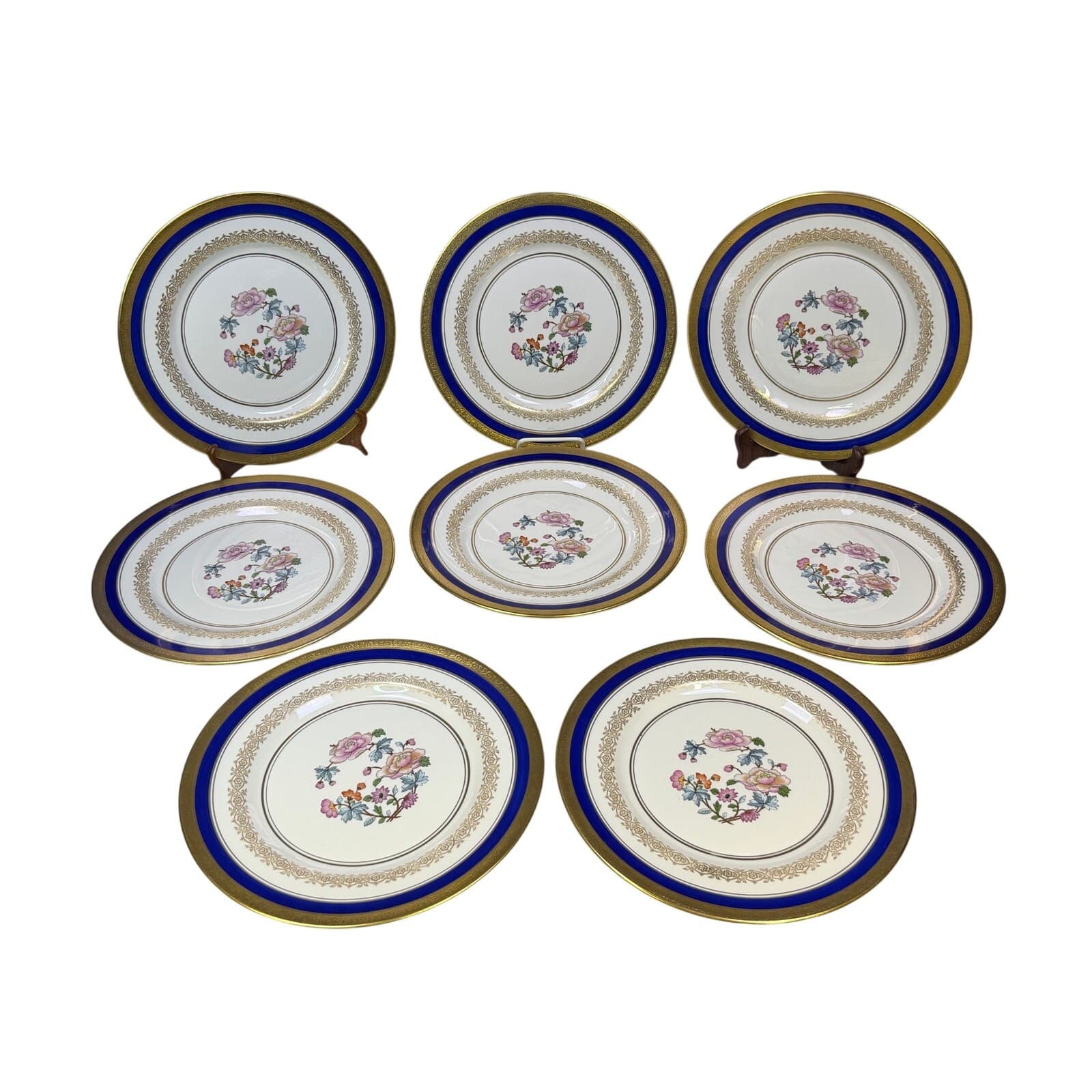 Fine Concorde China Dinner Plates Set of 8 Gold Encrusted Cobalt Floral 10.5" - Thumbnail 6
