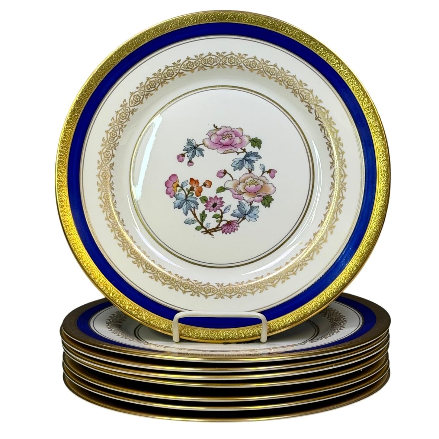 Fine Concorde China Dinner Plates Set of 8 Gold Encrusted Cobalt Floral 10.5"