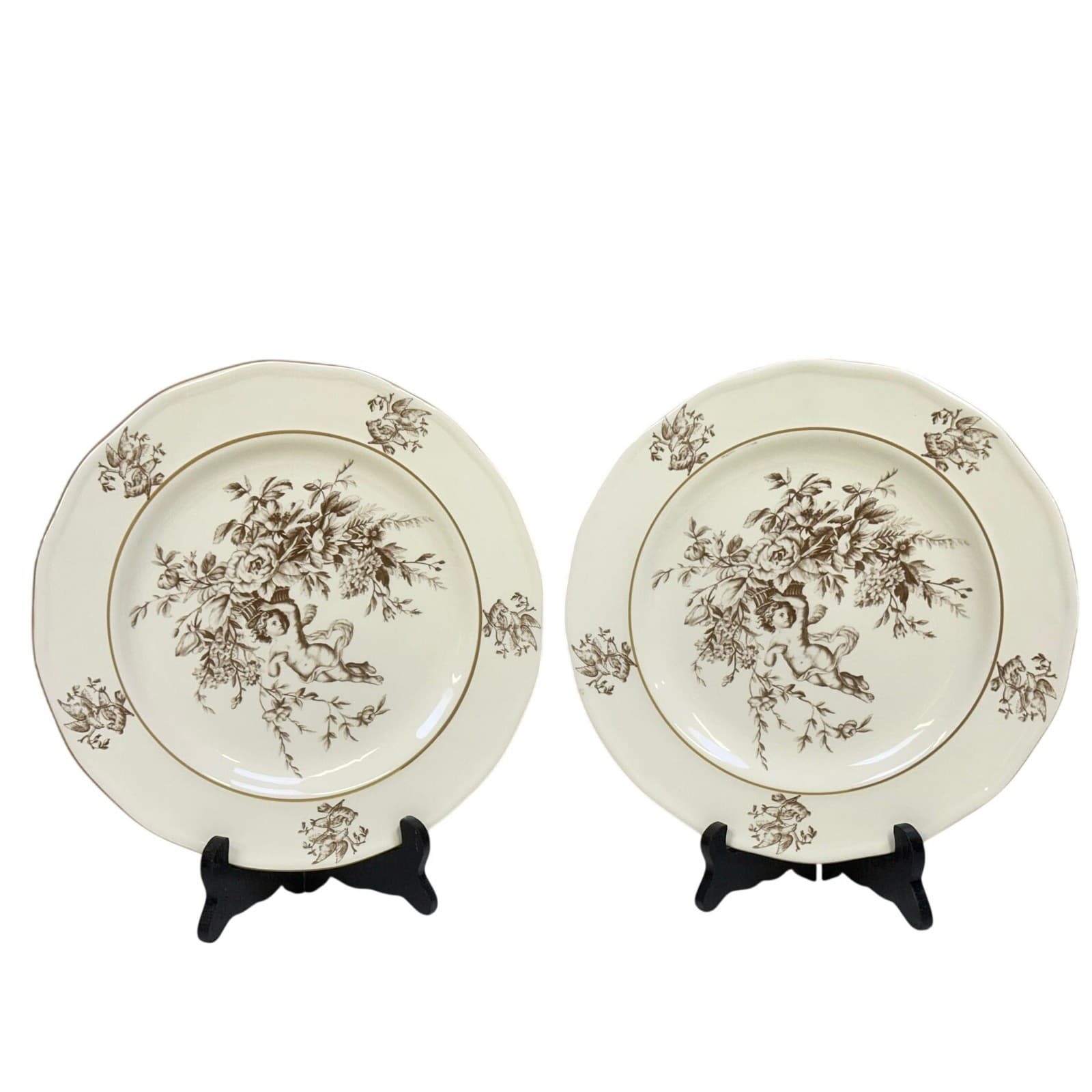 Claire Wilson 'Heaven' Brown/Ivory Cherub Doves Flowers 10.5" Dinner Plates-2