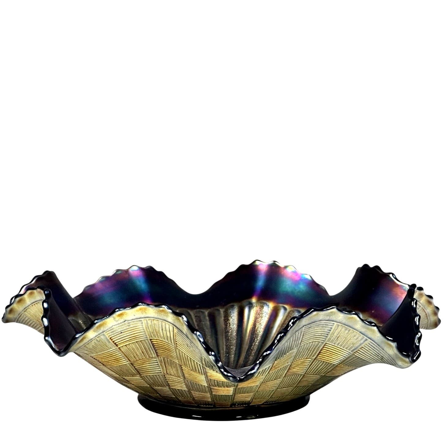 Northwood Glass 1900-20 Amethyst Carnival Glass 11" Ruffled Rim Iridescent Bowl - Thumbnail 2